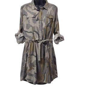 Japna Women's Camo Print Shirt Dress Roll-up Tab  Sleeve Button Tie Waist L NWT
